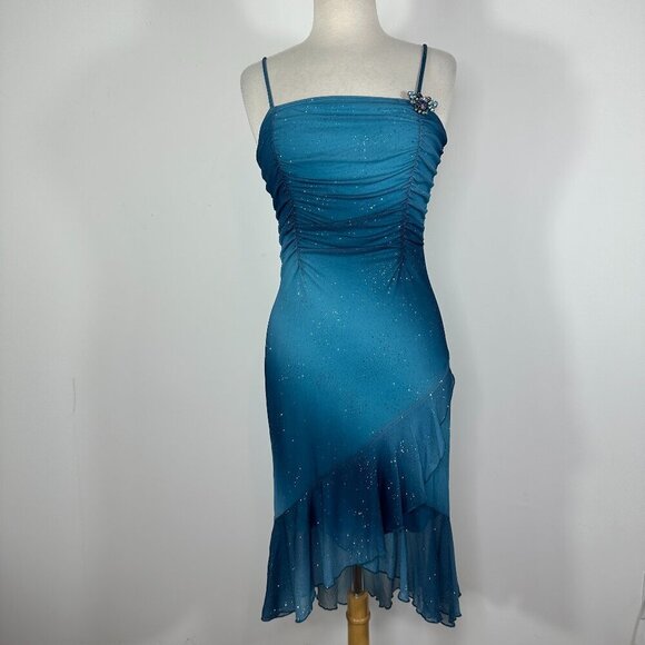 VTG Taboo Fairy Y2K Blue Sequin High Low Ruffles Prom Dress SZ M - Picture 1 of 15